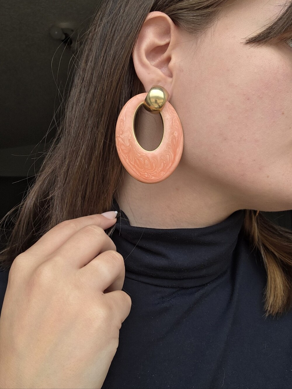 Vintage Marbled Resin Hoop Drop Earrings with Gold Stud